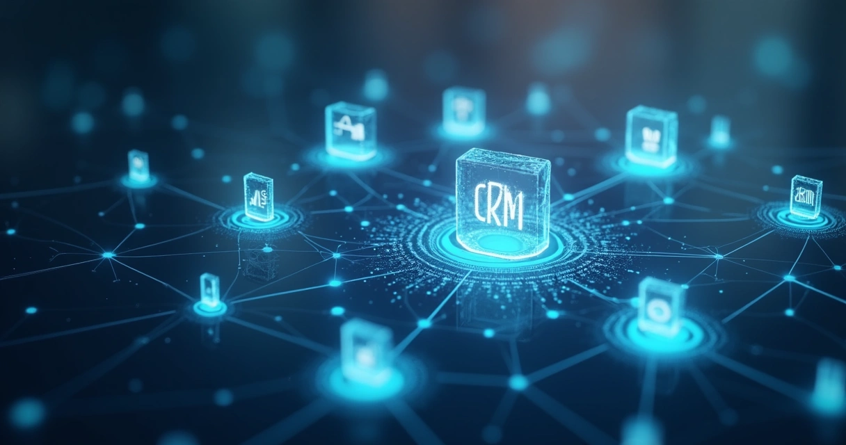 Interface digital flutuante mostrando integração entre ERP e CRM 