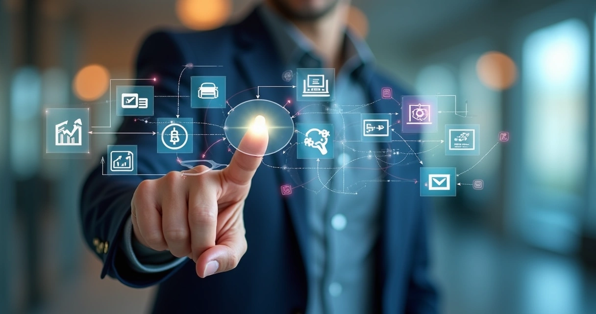 Fluxograma colorido mostrando automação de marketing, vendas e integração via IA