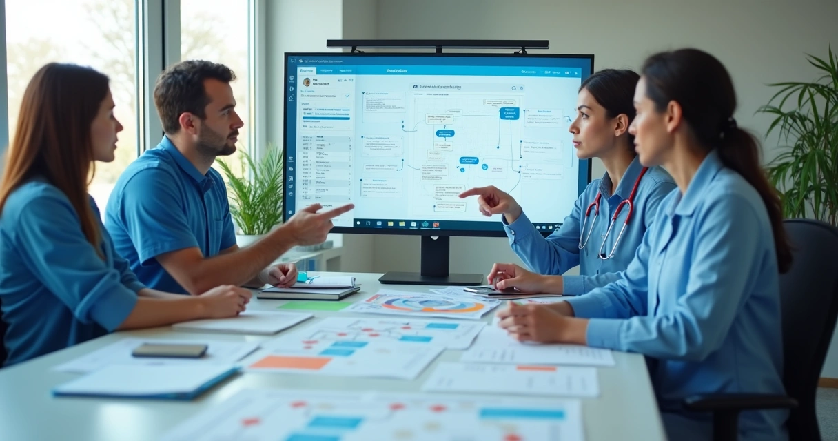 Equipe de clínica revisando fluxo administrativo em telas e papéis 