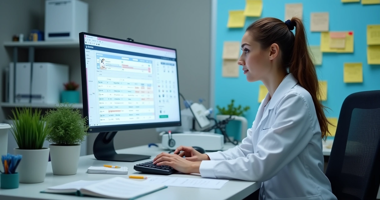 Processos administrativos de clínica sendo organizados em computador por secretária 