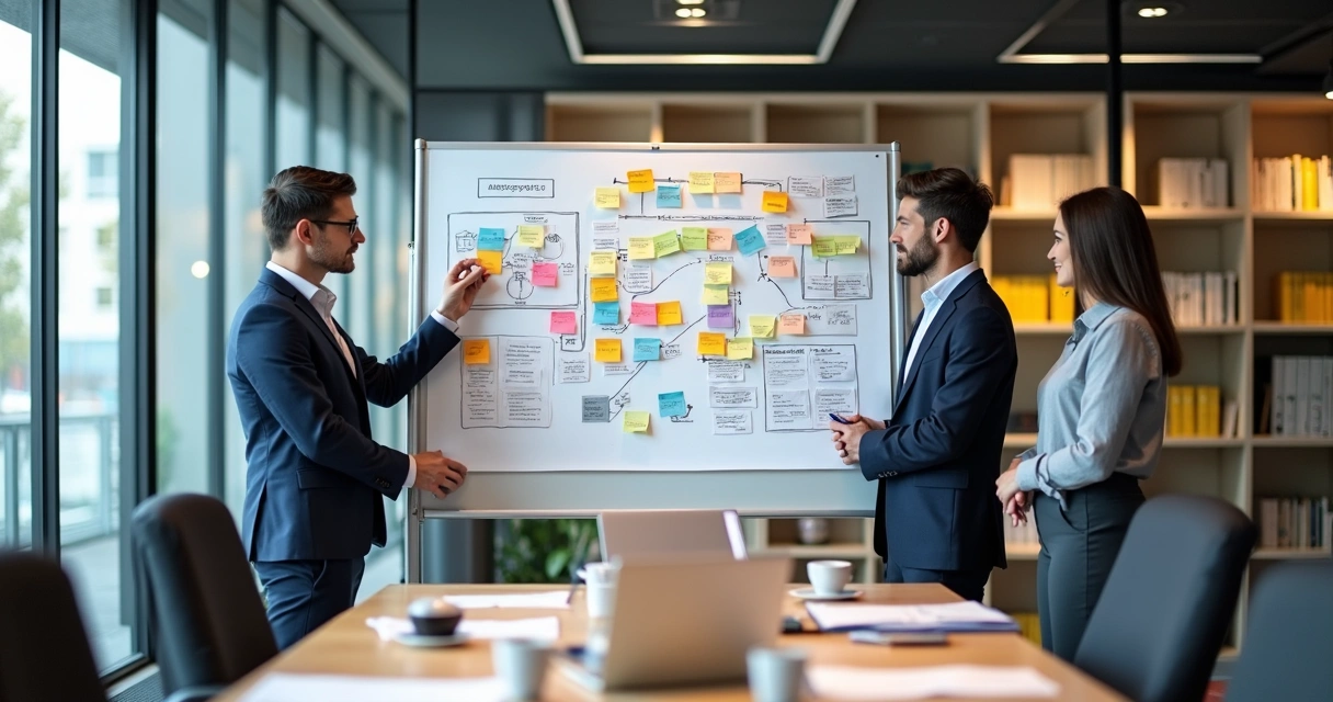 Desenho de um quadro branco em escritório mostrando o mapa do fluxo de processos administrativos. 
