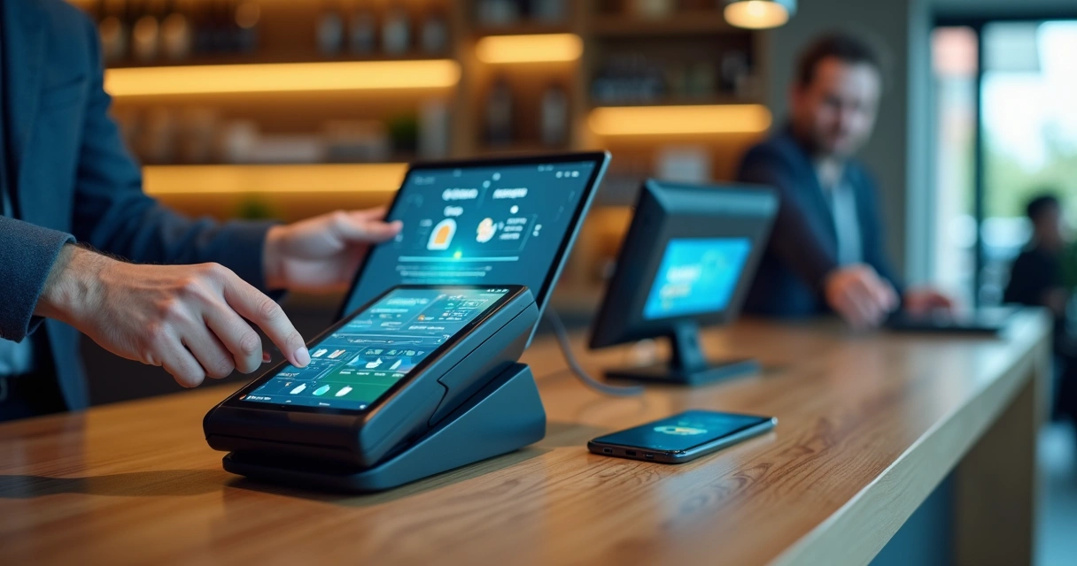 Fluxo de pagamento com maquininha conectando lojista, cliente e instituições financeiras 