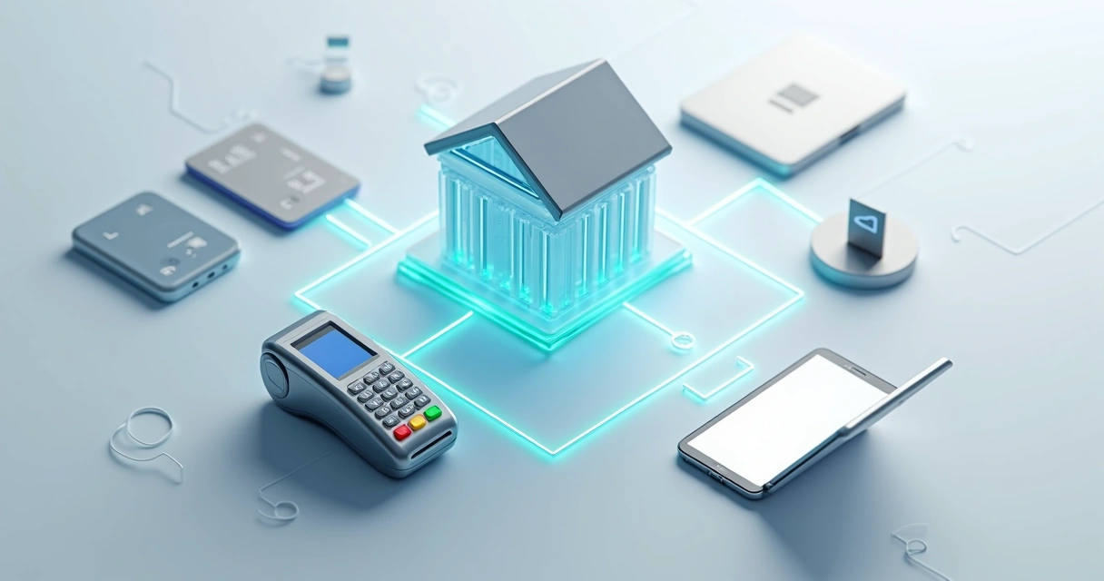 Fluxo digital de adquirência ligando comércio, banco e bandeira de cartão 