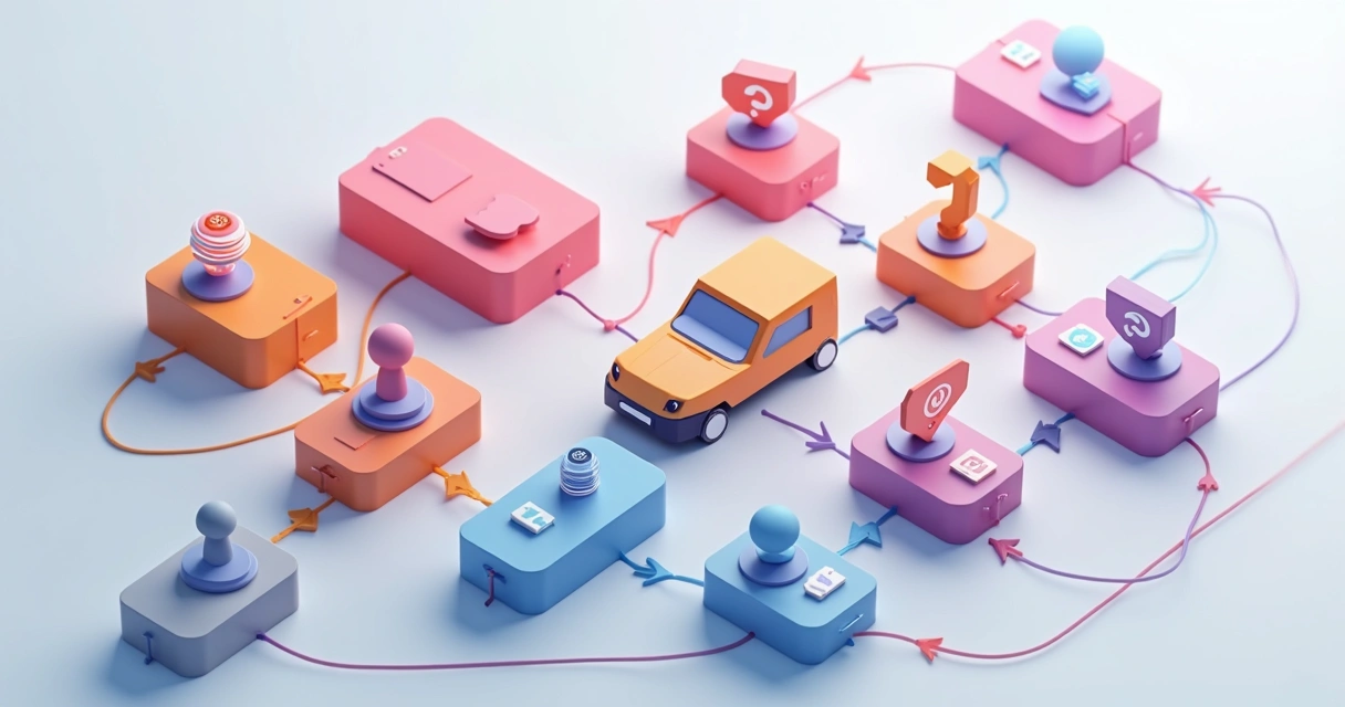 Ilustração de um fluxo de automação com caixas conectadas indicando decisões