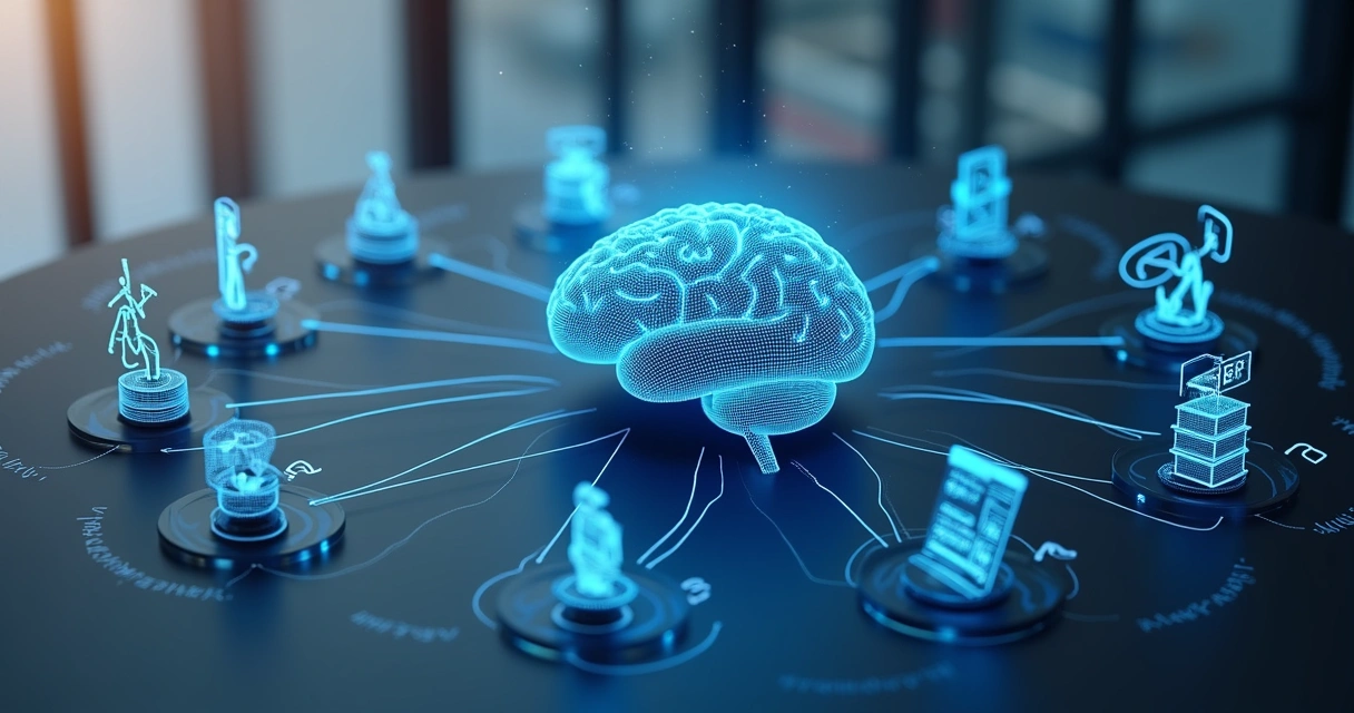 Fluxo visual de um agente de IA integrado a diferentes sistemas corporativos