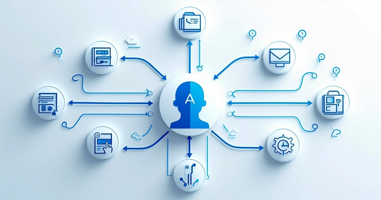 Fluxo representando a integração entre sistemas empresariais e um agente de IA RAG 