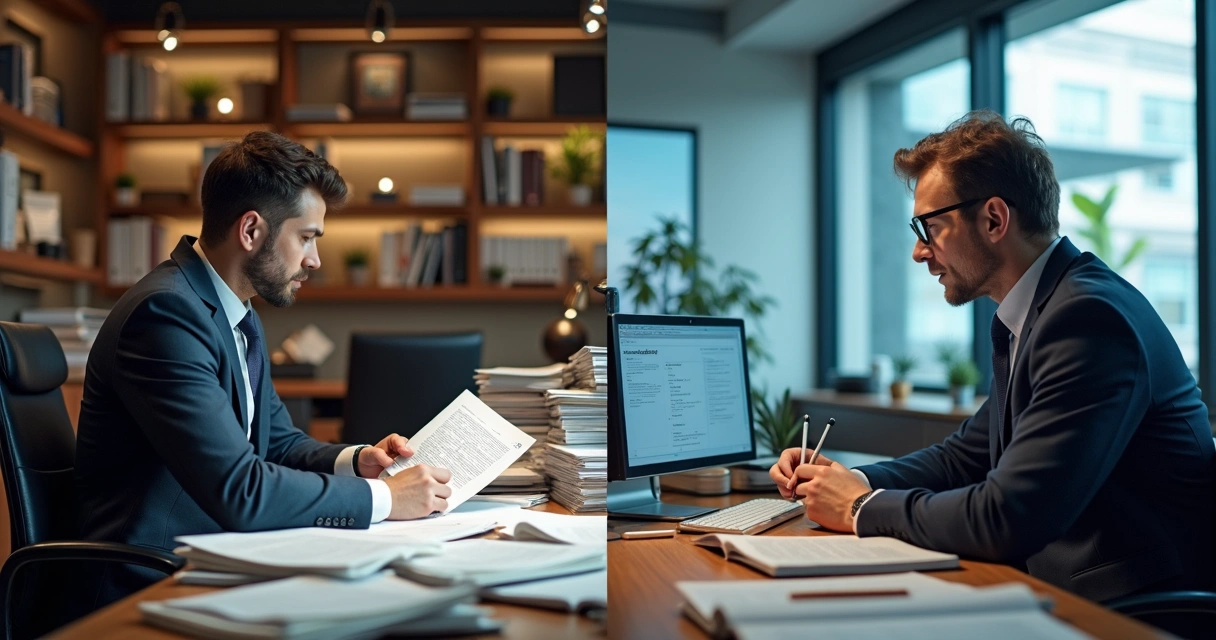 Comparação visual entre workflow de análise manual e workflow automatizado de alertas legislativos
