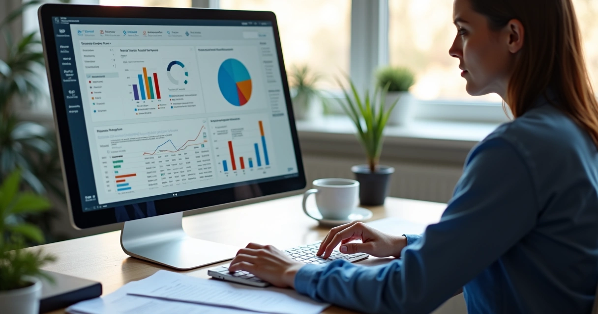 Dashboard de análise financeira com gráficos e alertas em tela de computador 