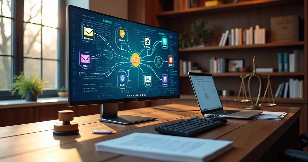 Fluxo digital de API conectando sistemas jurídicos em mesa de escritório 