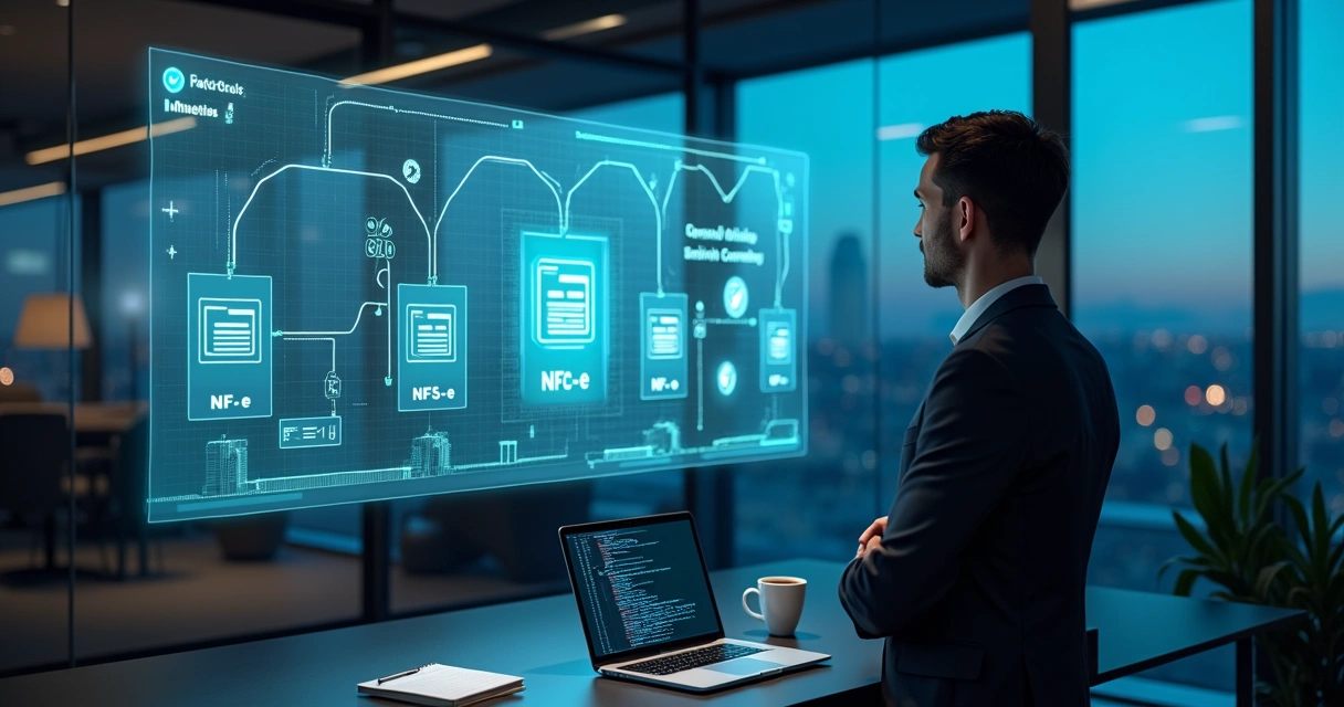 Fluxo digital de notas fiscais passando por API em painel holográfico 