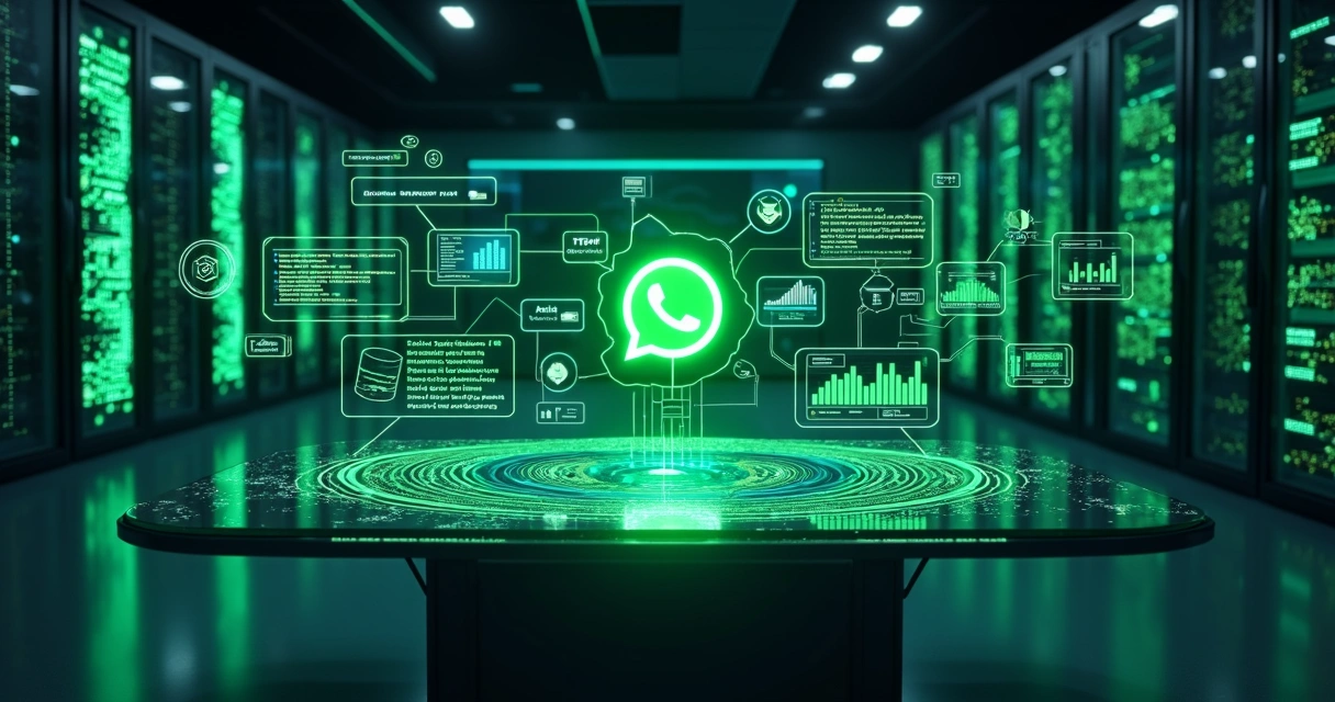 Fluxo visual de integrações com API oficial do WhatsApp em ambiente tecnológico futurista 