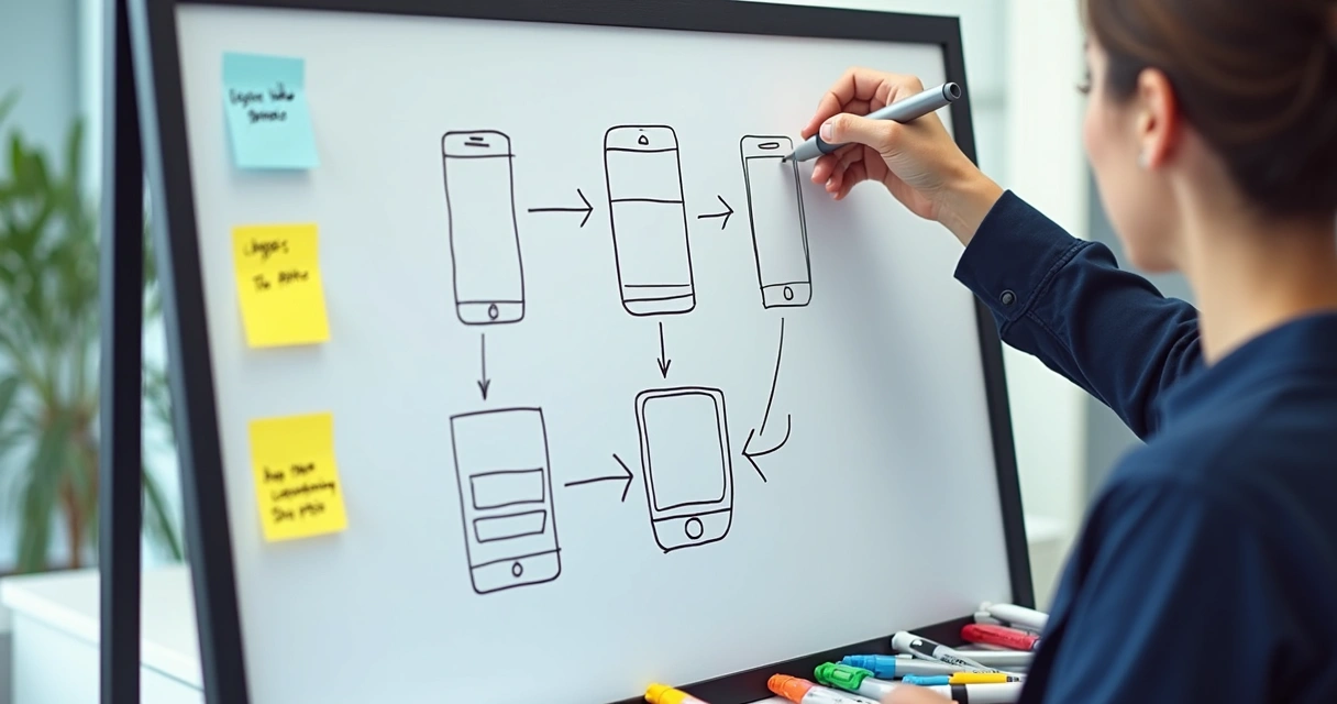 Fluxo básico de telas de um aplicativo desenhado em quadro branco 