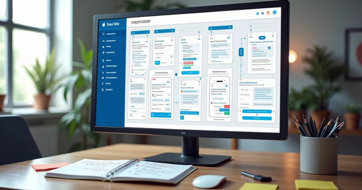 Wireframe de app com fluxo de navegação em tela grande