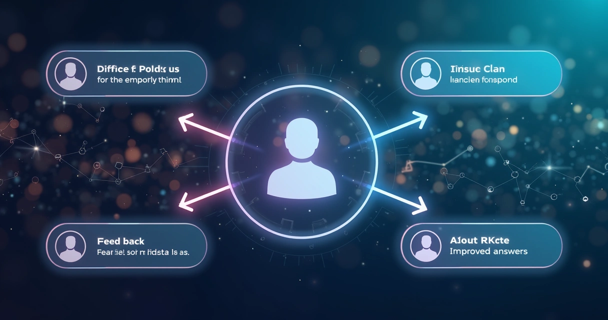 Fluxo visual de dados, mostrando feedback sendo usado para melhorar respostas do agente de IA 