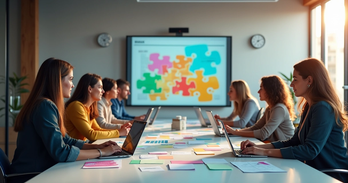 Equipe de agência reunida ao redor de uma mesa discutindo layouts digitais na tela