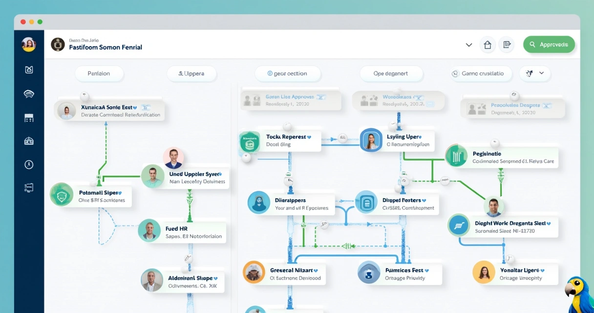 Ilustração de um fluxo de aprovação digital, várias etapas e notificações em um painel de aplicativo 