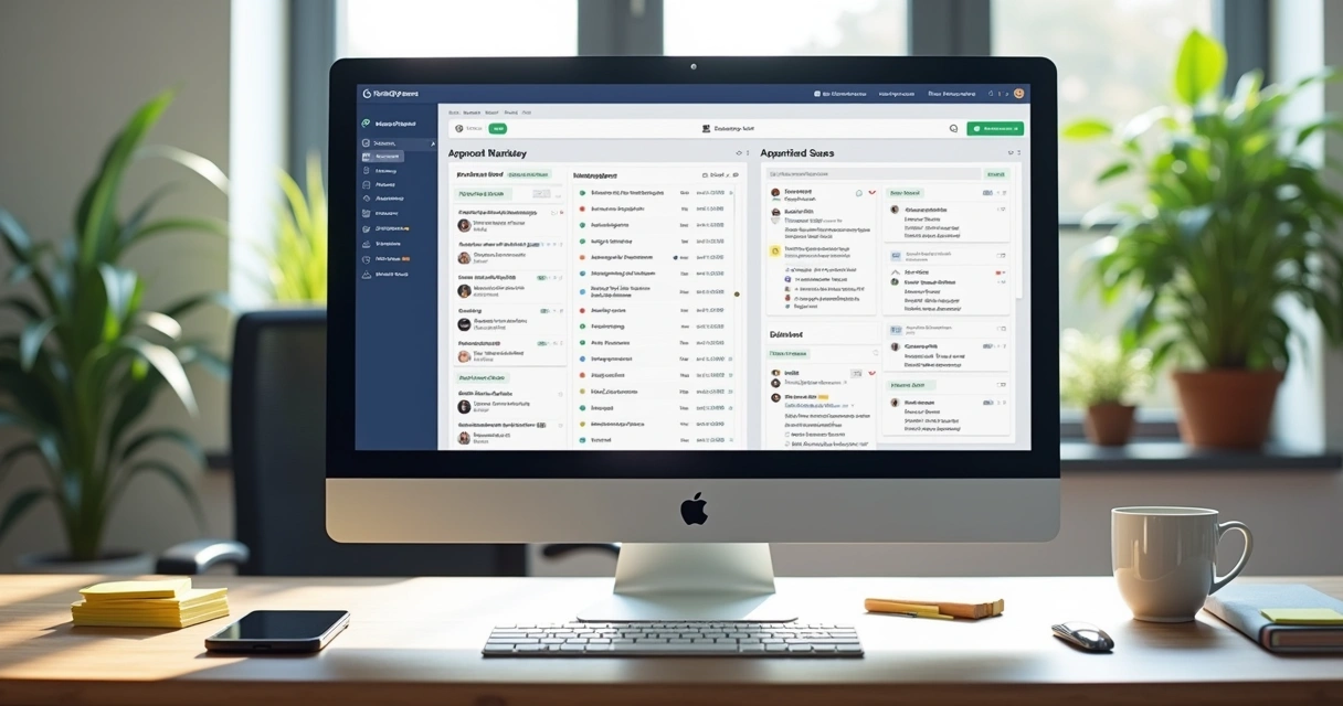 Tela de computador mostrando plataforma digital centralizada para aprovação de jobs em agência de marketing, com integração de mensagens e tarefas organizadas 