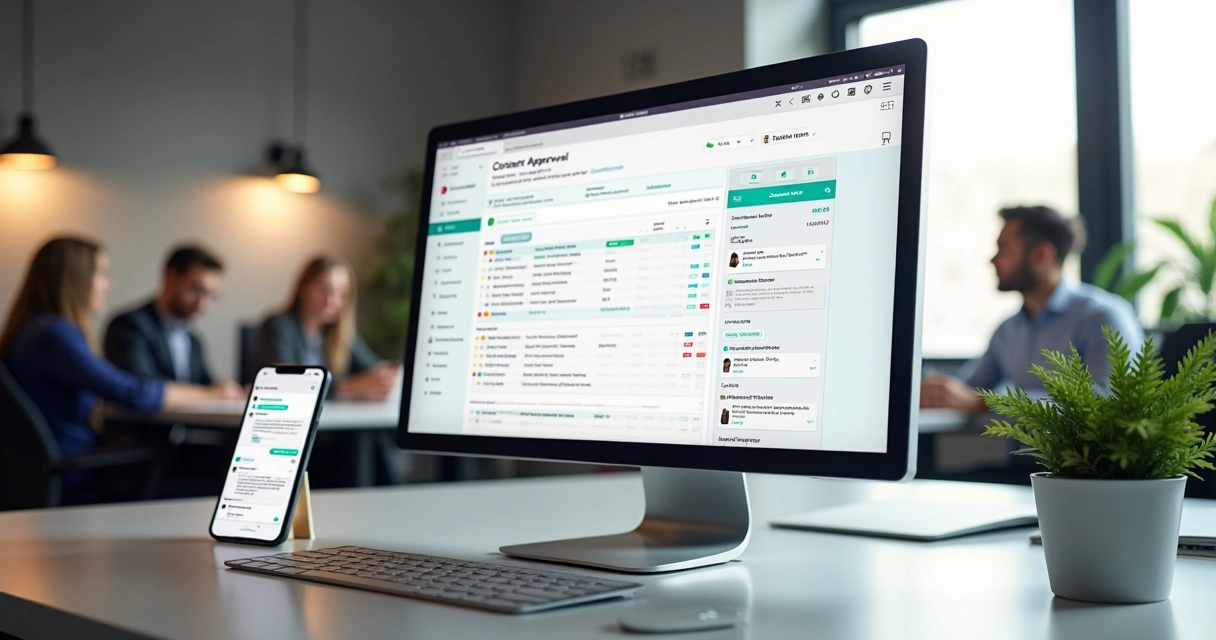 Tela de computador mostrando plataforma digital de aprovação de conteúdo com notificações e feedbacks organizados 
