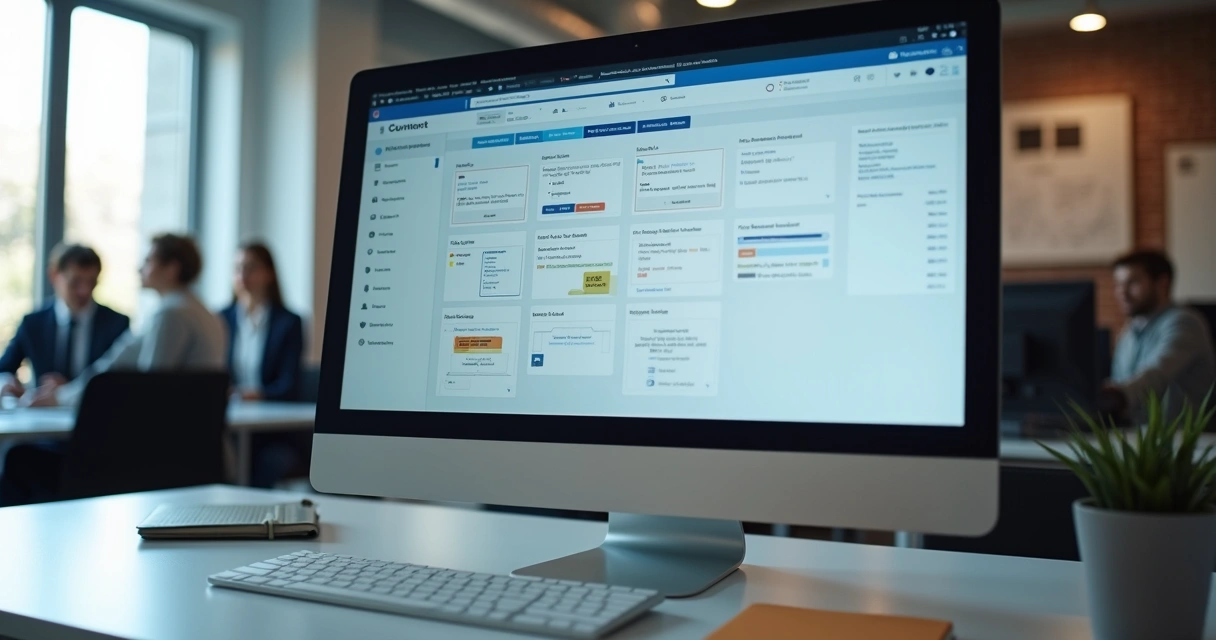 Tela de computador exibindo plataforma digital com interface organizada de aprovação de conteúdo, mostrando comentários centralizados e controle de versões em ambiente de escritório moderno 