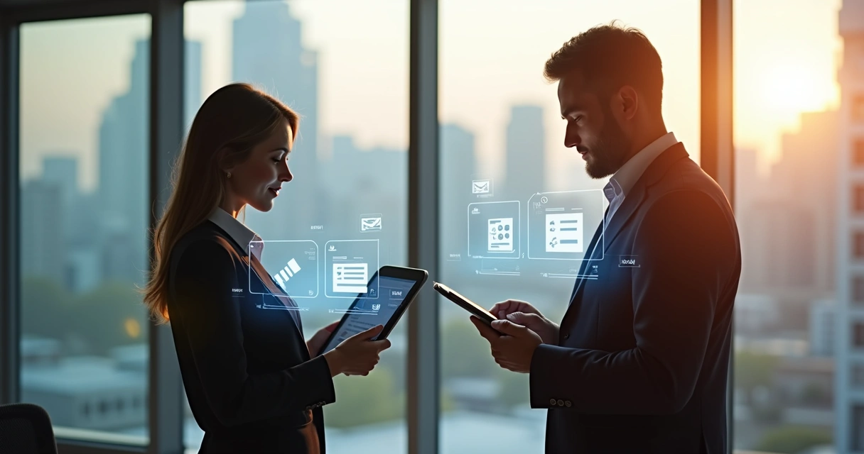 Gestores aprovando movimentações financeiras em tablets 