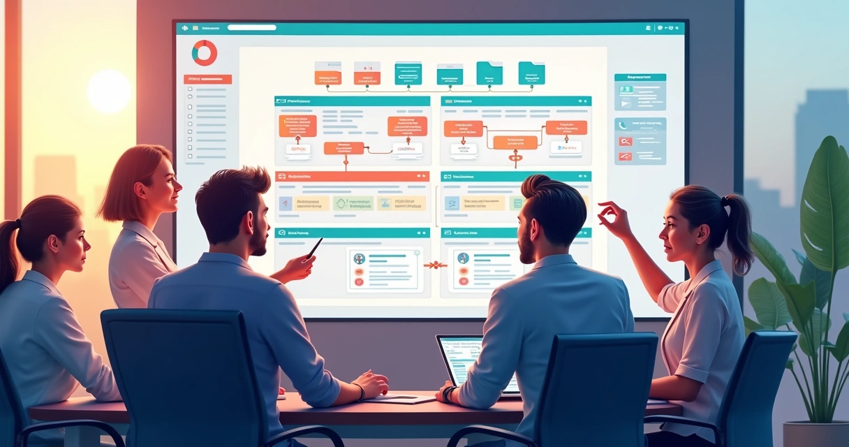 Diagrama de pessoas ajustando um fluxo digital em uma tela grande 
