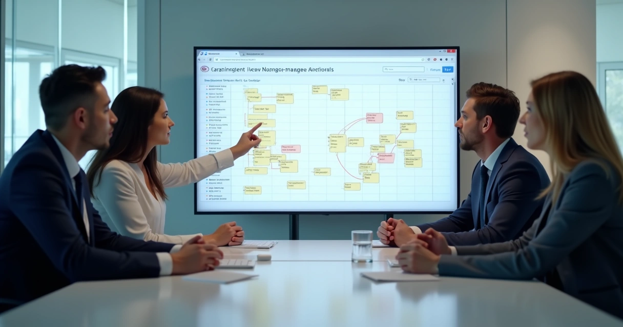Equipe de gestão financeira em reunião analisando um dashboard de aprovação de despesas 