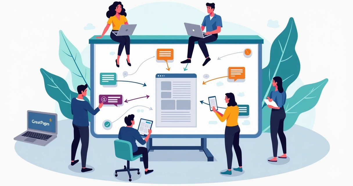Equipe aprovando landing page em fluxo visual colaborativo 