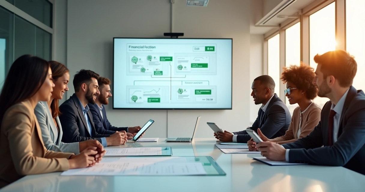 Equipe reunida revisando documentos de aprovação financeira 