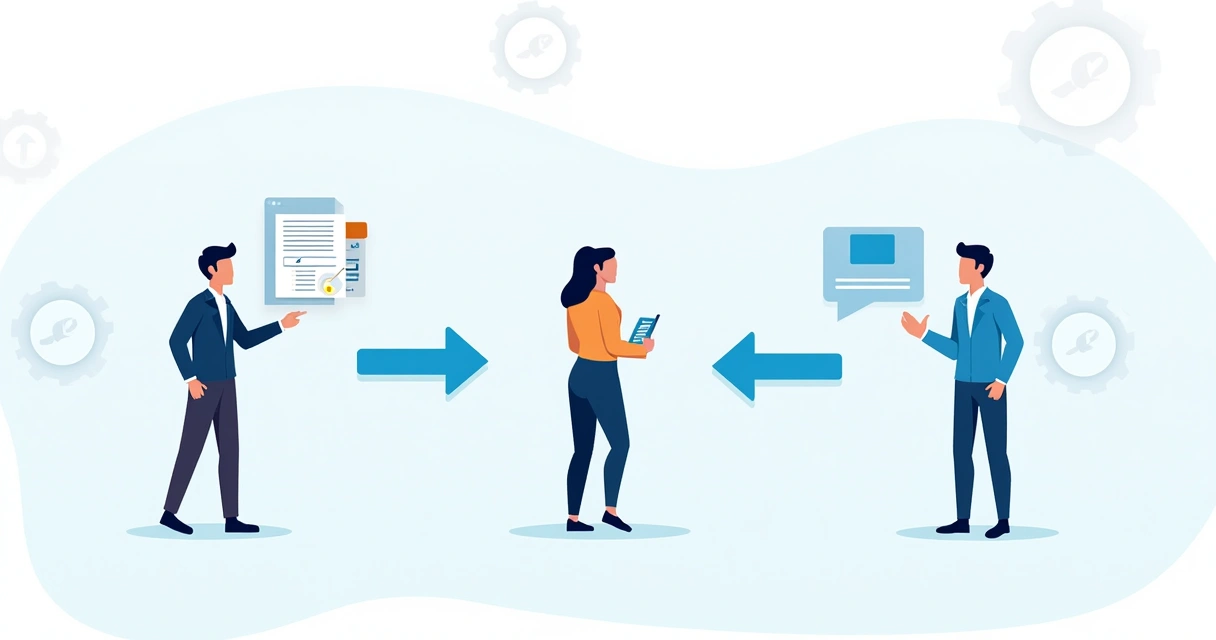 Representação visual de um fluxo de aprovação automatizado em Power Apps, com usuários interagindo em diferentes etapas 