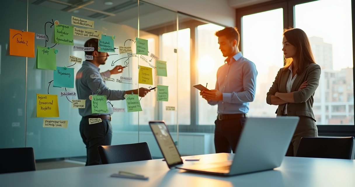Equipe colaborando em painel visual com fluxo de aprovação conectado ao WhatsApp 