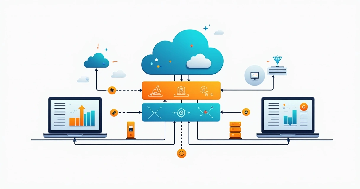 Fluxo modular de arquitetura de dados em nuvem com setas e camadas coloridas 