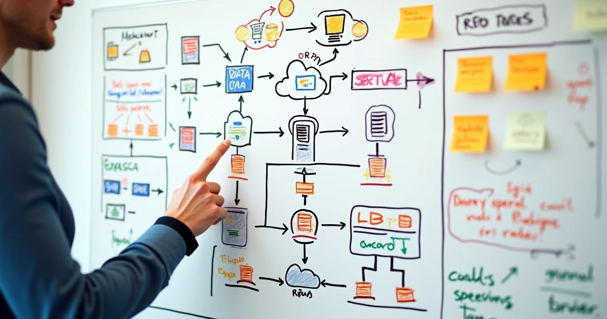 Desenho de arquitetura de software em quadro branco com fluxos e conexões 
