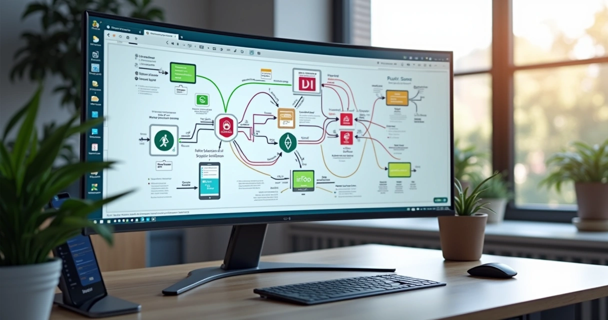 Fluxo de atendimento automatizado exibido em tela de computador com gráficos e chatbots integrados 