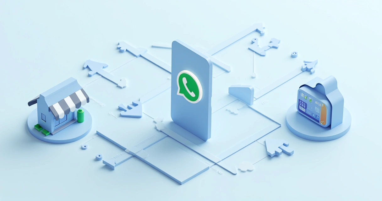 Fluxo visual de informações conectando loja física, redes sociais e WhatsApp