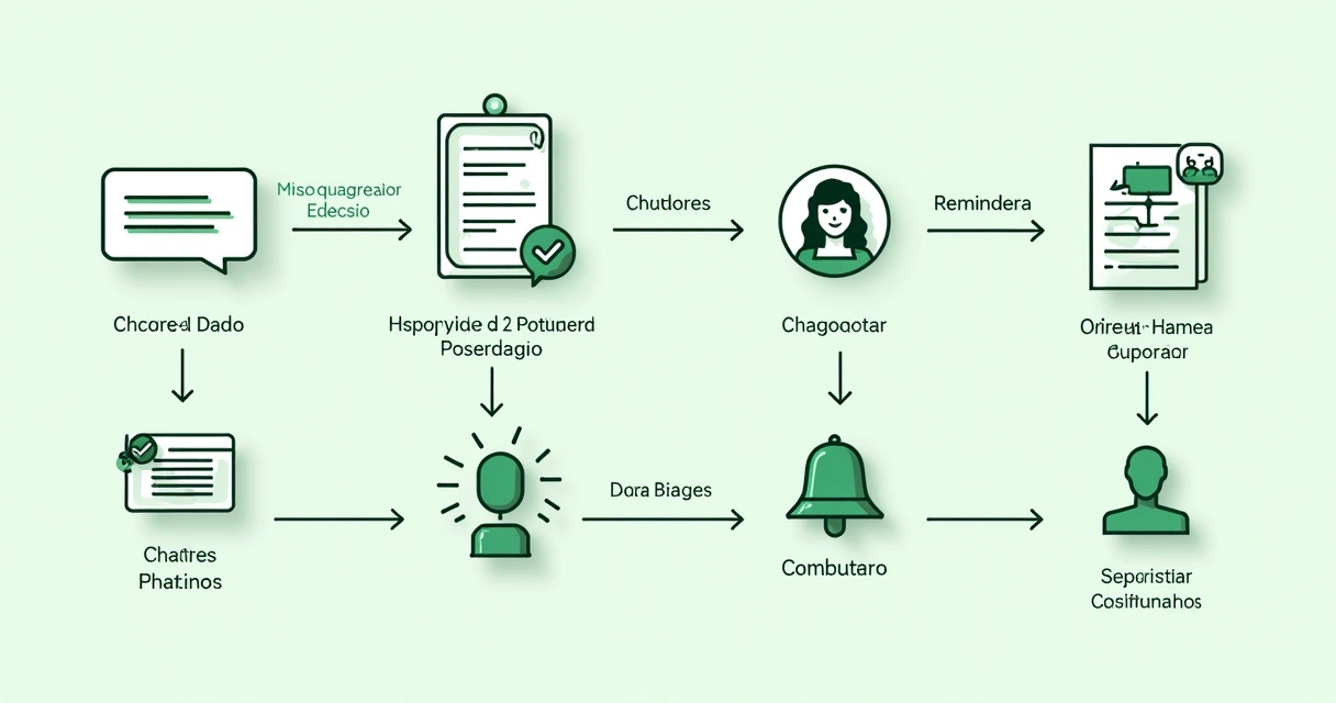 Fluxograma de atendimento de chatbot no WhatsApp com setas e ícones conectando etapas 