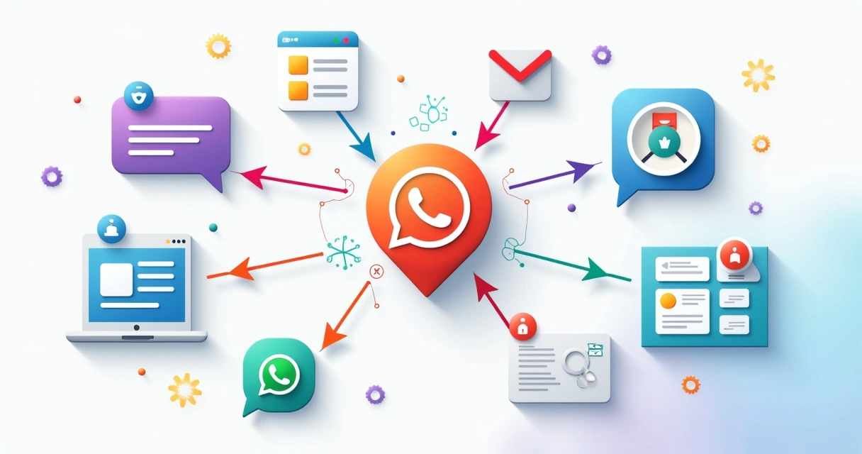 Fluxo colorido de atendimento por chatbot em diferentes canais 