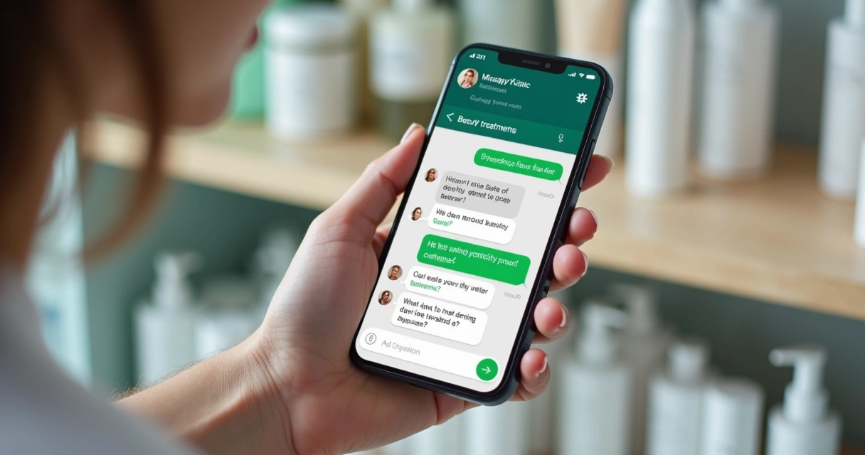 Tela de celular exibindo fluxo automatizado de perguntas para agendamento de estética 