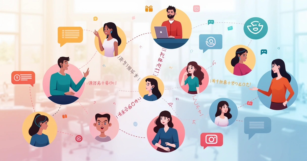 Fluxograma colorido mostrando um fluxo de atendimento omnichannel com balões de fala, pessoas e dispositivos 