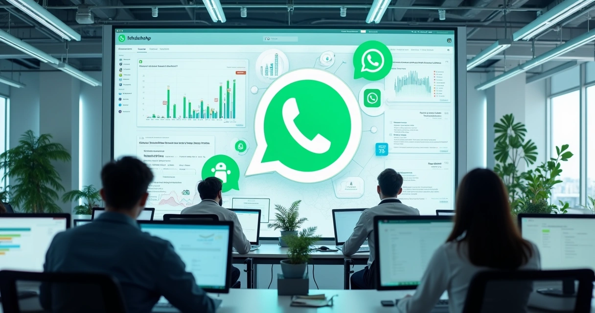 Fluxo digital de atendimento IA com ícones, mensagens e gráficos 