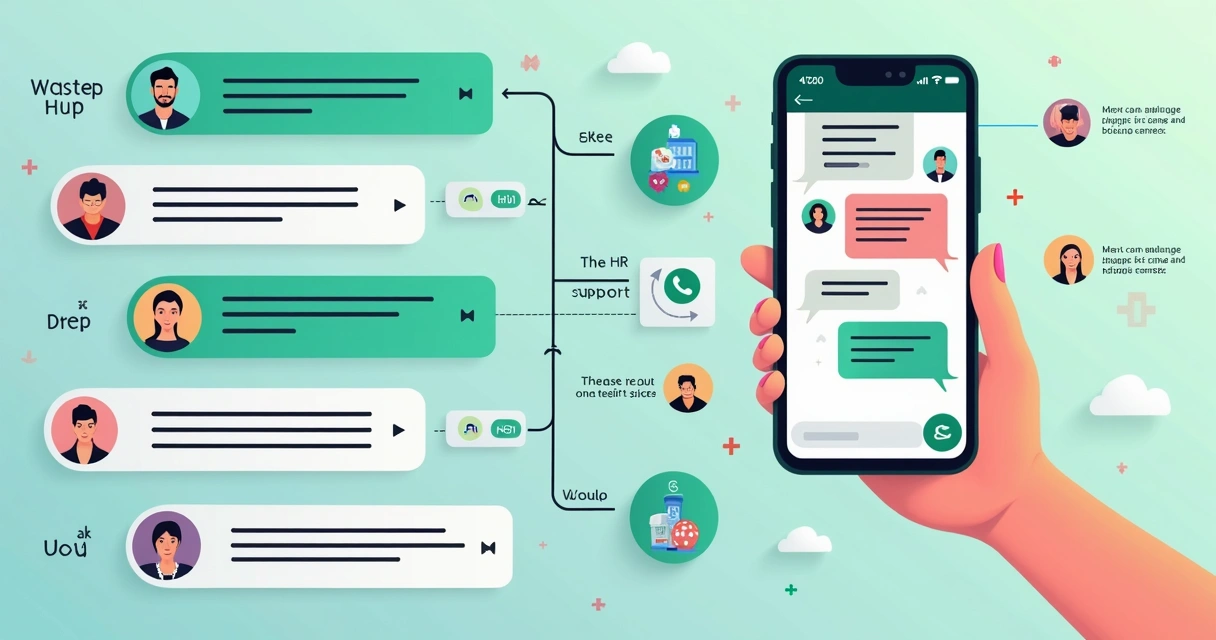 Fluxo de mensagens no WhatsApp mostrando escolha de departamentos e chatbot respondendo em cada setor.