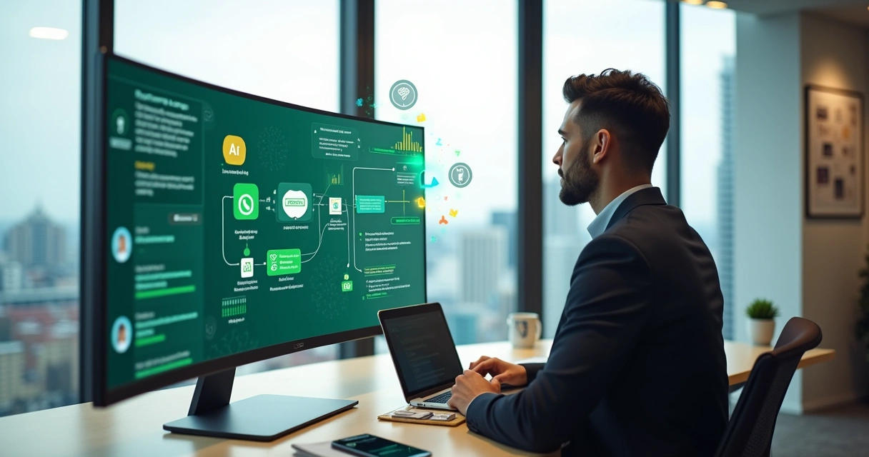 Corretor de imóveis analisando no computador um fluxo de atendimento com IA no WhatsApp 