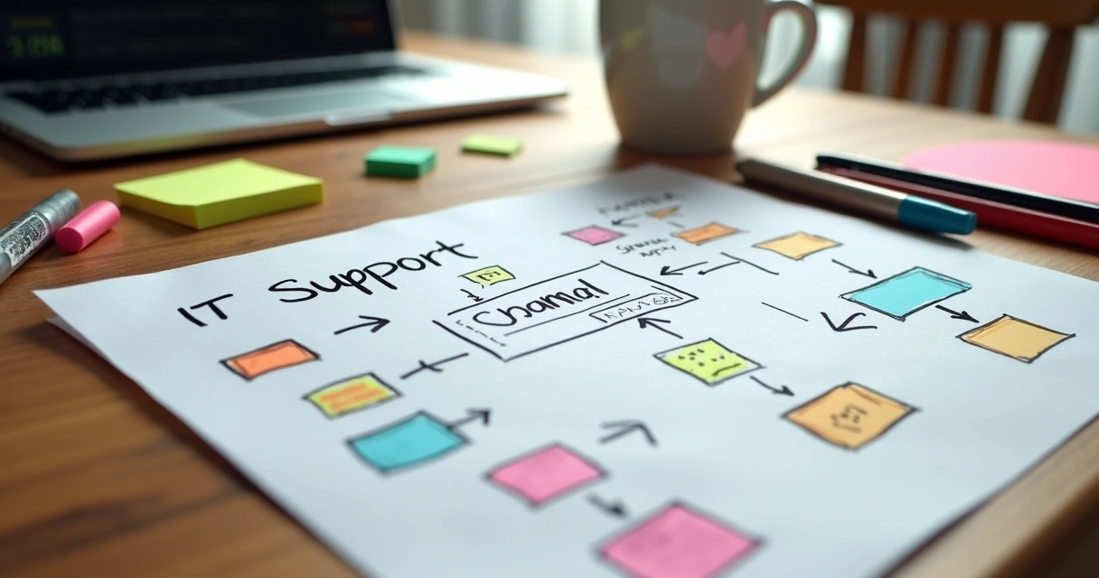 Fluxograma manual de atendimento ao suporte desenhado em papel 