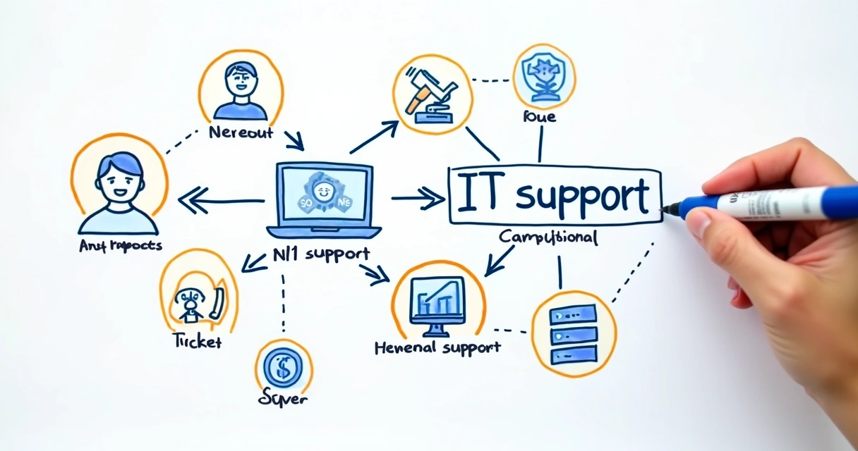 Fluxograma simples de atendimento de suporte TI, setas conectando etapas. 