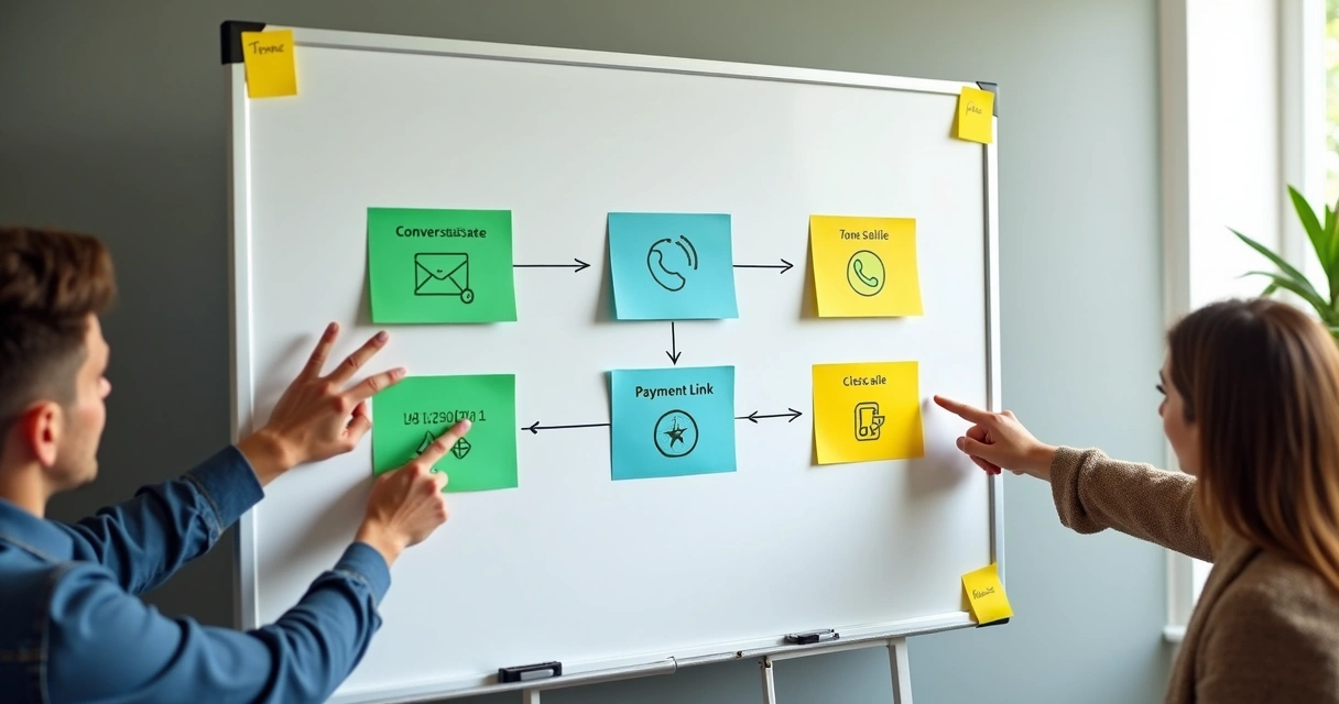 Fluxograma simples de atendimento via WhatsApp, etapas coloridas para cada fase do atendimento 