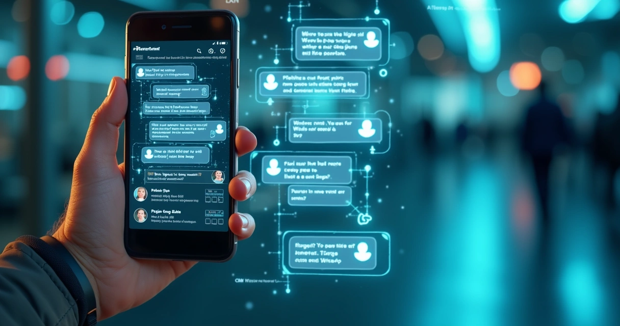 Tela de smartphone exibindo fluxo de atendimento automatizado no WhatsApp com bot, ícones de mensagem e integrações de CRM Kanban em fundo moderno 