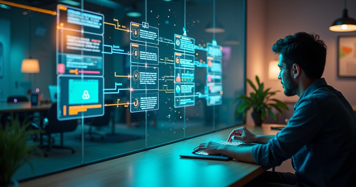 Fluxos digitais coloridos conectando blocos de aplicativo em painel no-code futurista 