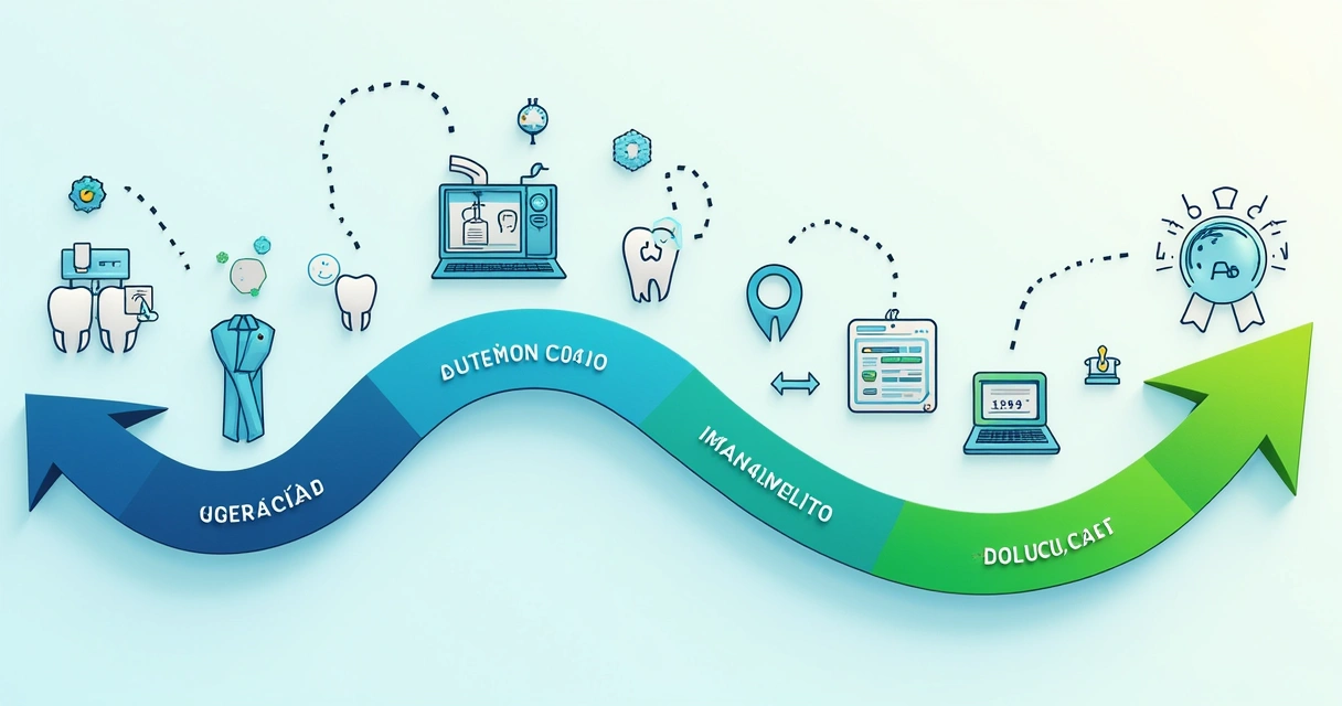 Fluxo de automação visual para consultório odontológico, mostrando etapas de captação e relacionamento