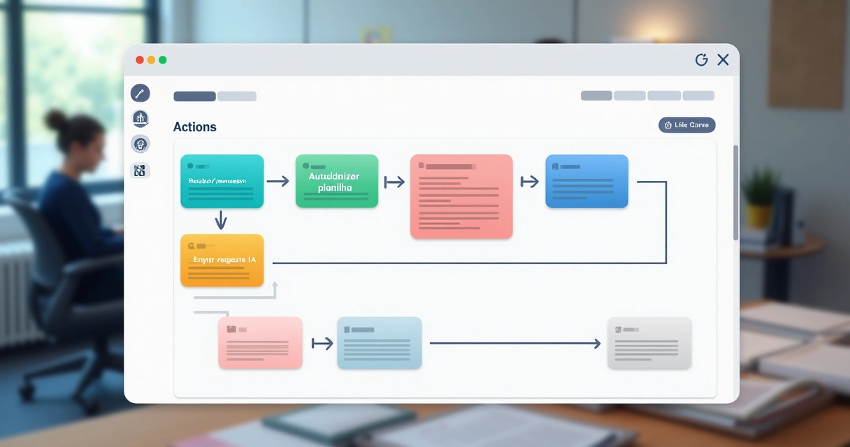 Fluxo visual de automação com blocos conectados 