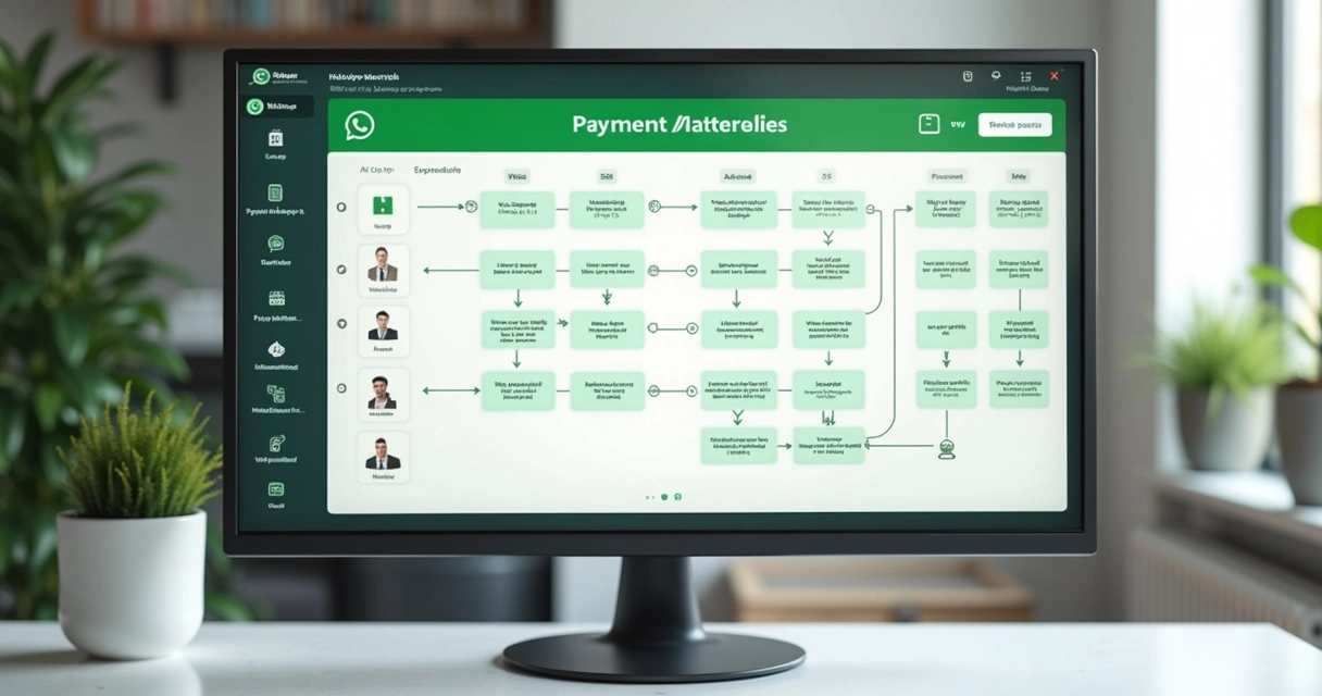Tela com fluxo de automação de cobrança via WhatsApp exibido em monitor digital 