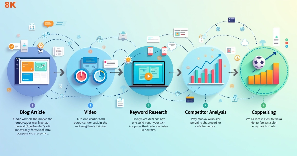 Painel digital colorido mostrando etapas de automação de conteúdo, com ícones de textos, vídeos, e gráficos de desempenho 